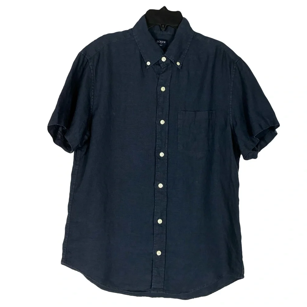 J Crew Factory Navy Short Sleeve Button Shirt Men’s Small Linen Classic Stylish